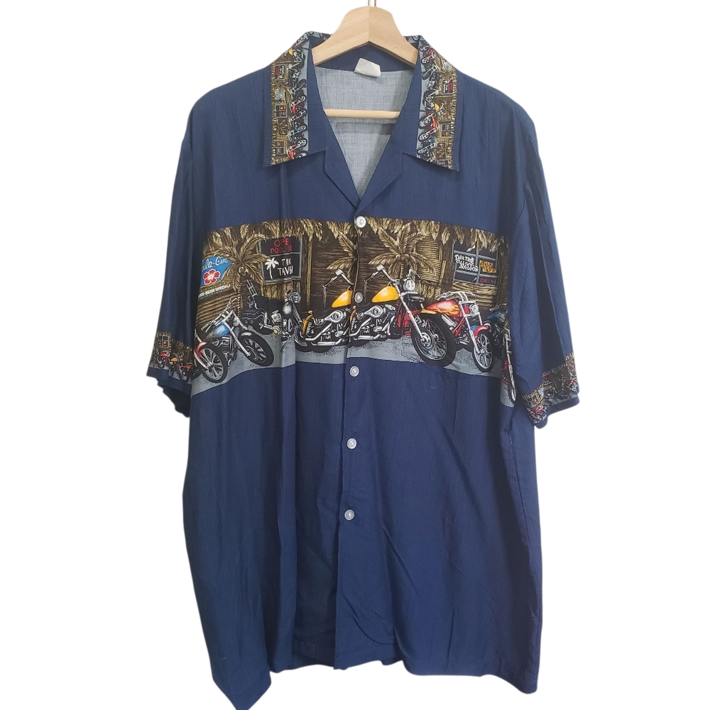 Vintage Shirt Button Up Tiki Bar Hawaiian Motorcycle Print Choppers Size 2XL